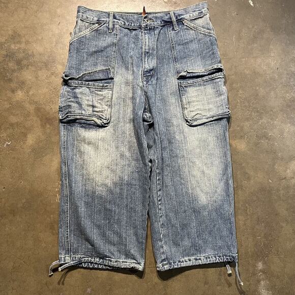 Vintage Y2k Raw Blue Baggy Loose Fit Skater Jorts 34x21 - Picture 1 of 4